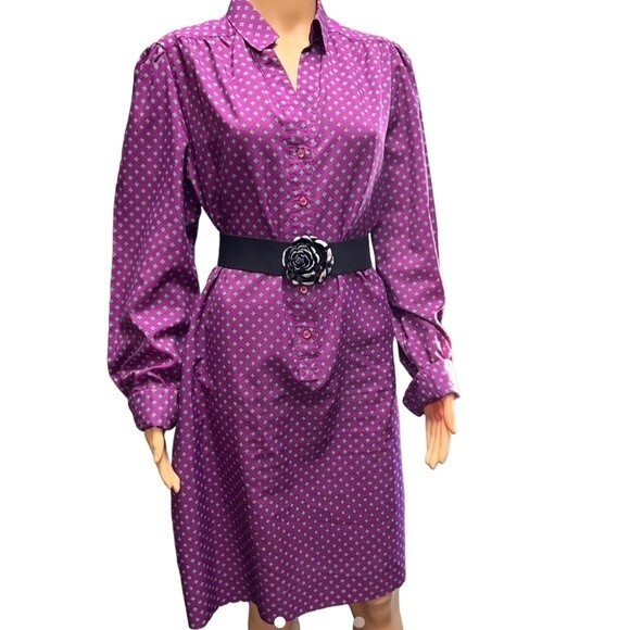 Vintage 70's purple and teal geometric shirt dress. Button Down Collared. Size L - Picture 1 of 14